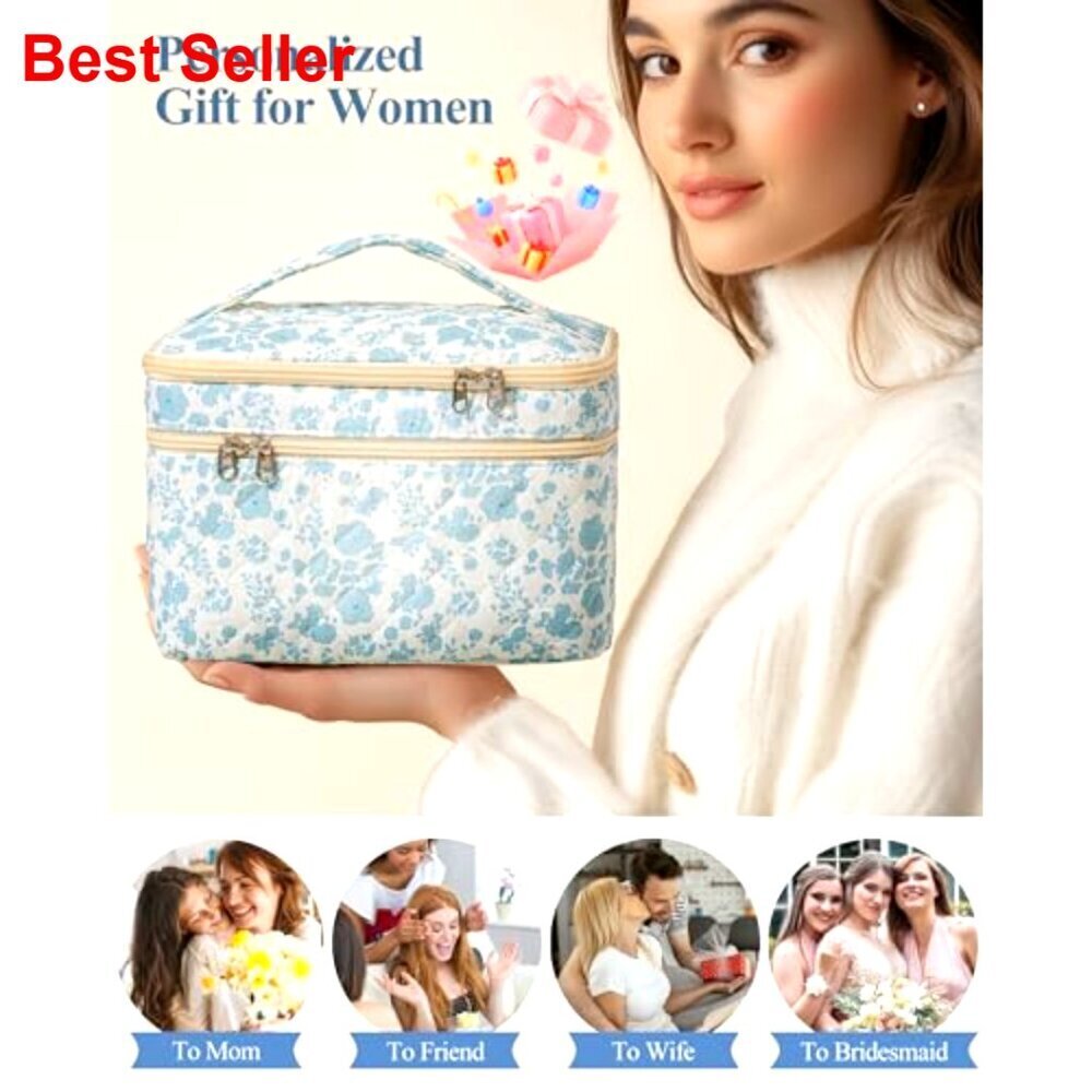 Large Quilted Cotton Makeup Bag with Handle, Travel Cosmetic Organizer - Picture 6 of 6